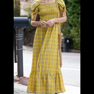 NWT SugarLips Yellow Plaid cotton smoked bodice short tie sleeves maxi dress